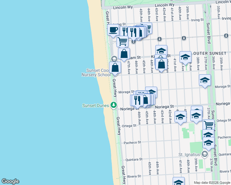 map of restaurants, bars, coffee shops, grocery stores, and more near Great Hwy & Moraga St in San Francisco