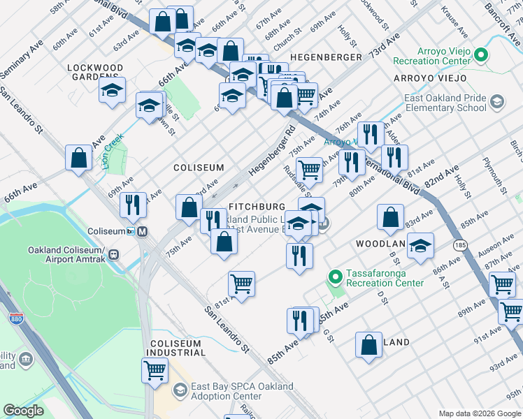 map of restaurants, bars, coffee shops, grocery stores, and more near 7624 Hamilton Street in Oakland