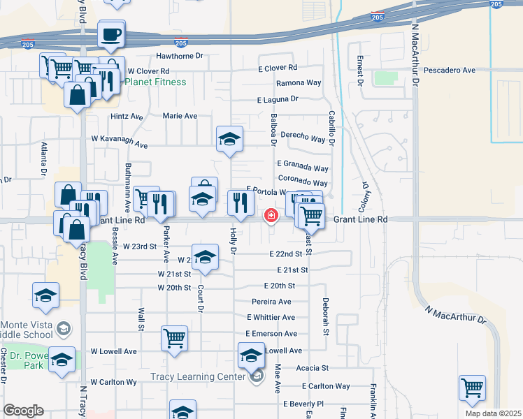 map of restaurants, bars, coffee shops, grocery stores, and more near 140 Portola Way in Tracy