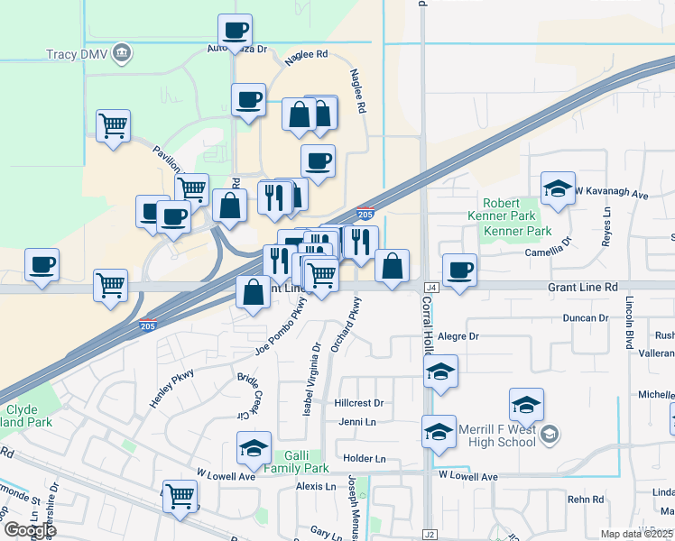 map of restaurants, bars, coffee shops, grocery stores, and more near 118 Joe Pombo Parkway in Tracy