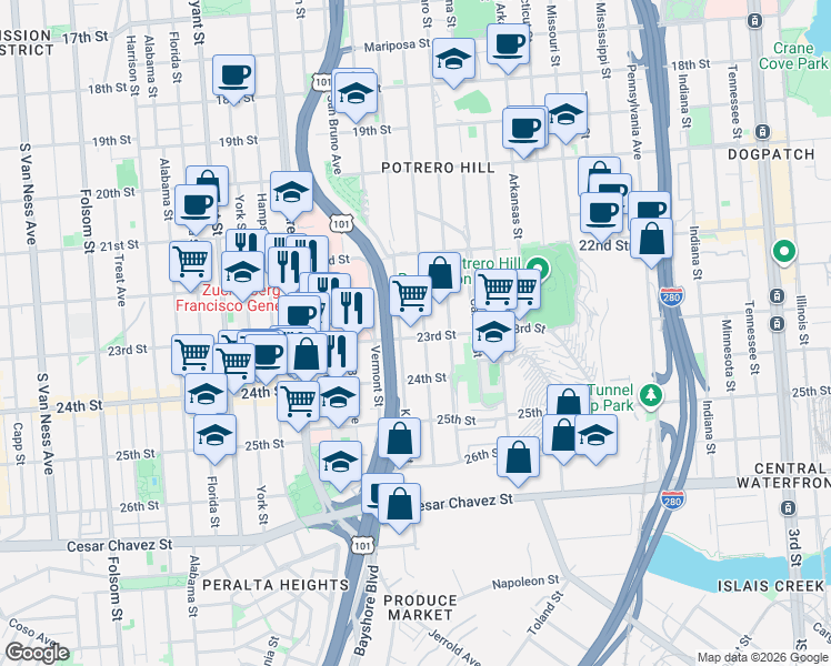 map of restaurants, bars, coffee shops, grocery stores, and more near 1185 Rhode Island Street in San Francisco