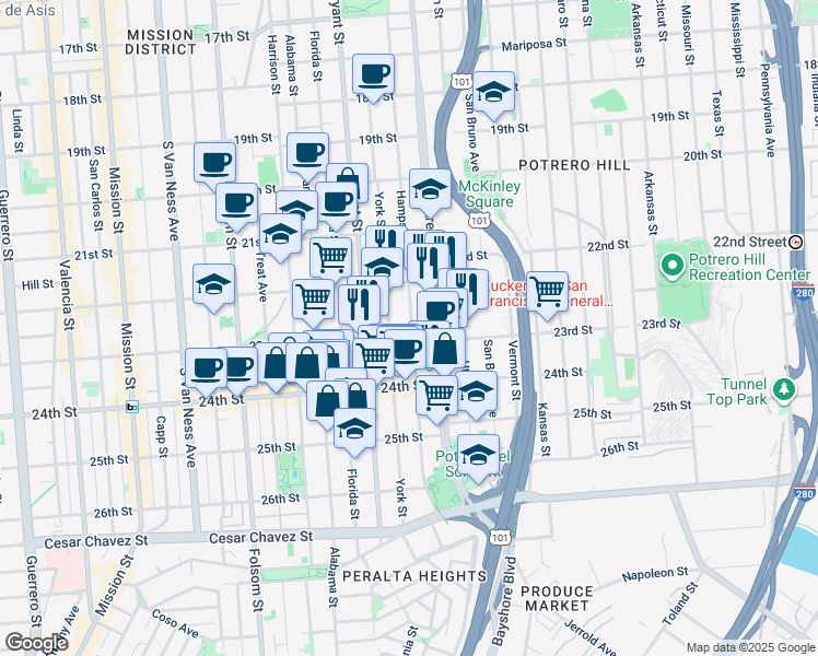 map of restaurants, bars, coffee shops, grocery stores, and more near 1075 Hampshire Street in San Francisco