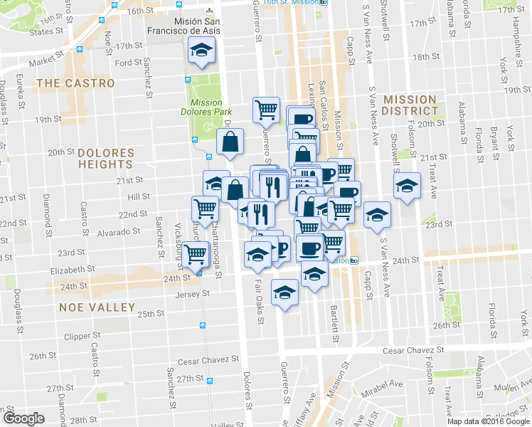 map of restaurants, bars, coffee shops, grocery stores, and more near 3433 22nd Street in San Francisco