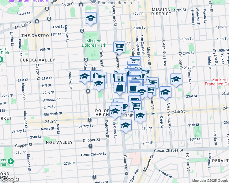 map of restaurants, bars, coffee shops, grocery stores, and more near 3433 22nd Street in San Francisco