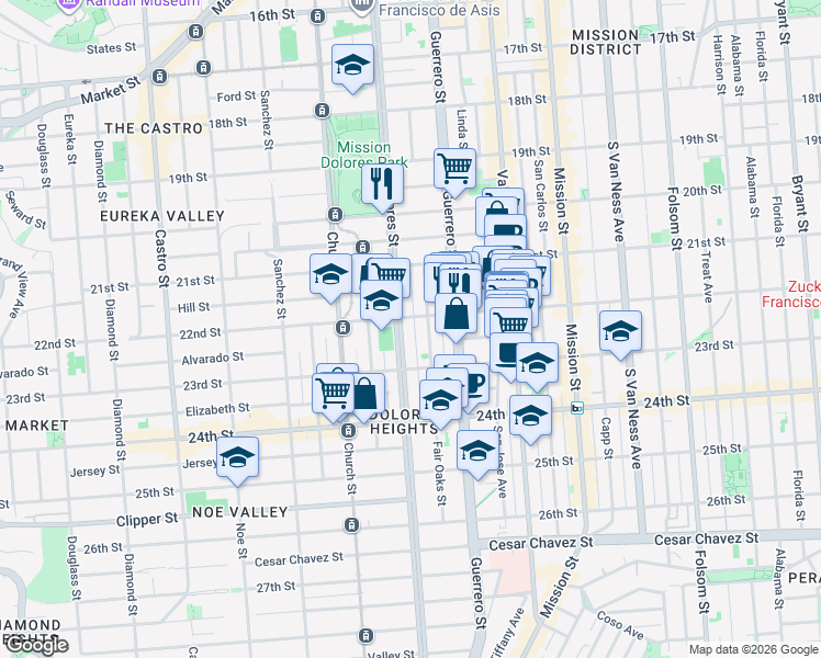 map of restaurants, bars, coffee shops, grocery stores, and more near 900 Dolores Street in San Francisco