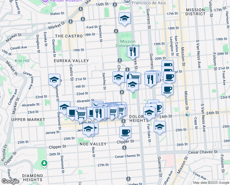 map of restaurants, bars, coffee shops, grocery stores, and more near 3630 22nd Street in San Francisco