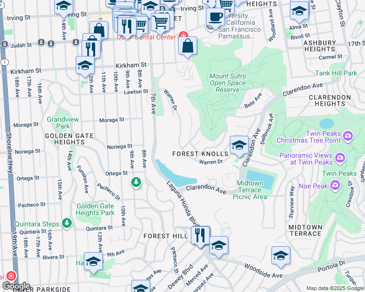 map of restaurants, bars, coffee shops, grocery stores, and more near 302 Warren Drive in San Francisco