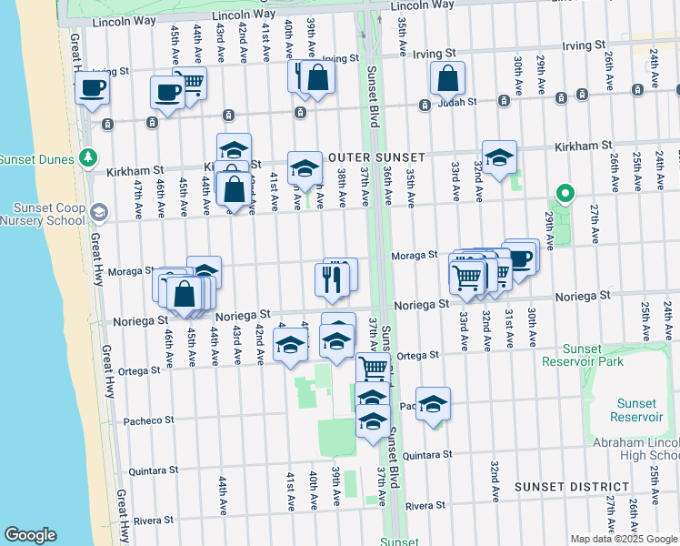 map of restaurants, bars, coffee shops, grocery stores, and more near 3231 Moraga Street in San Francisco