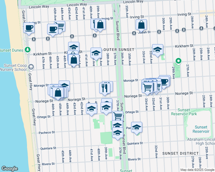 map of restaurants, bars, coffee shops, grocery stores, and more near 3231 Moraga Street in San Francisco