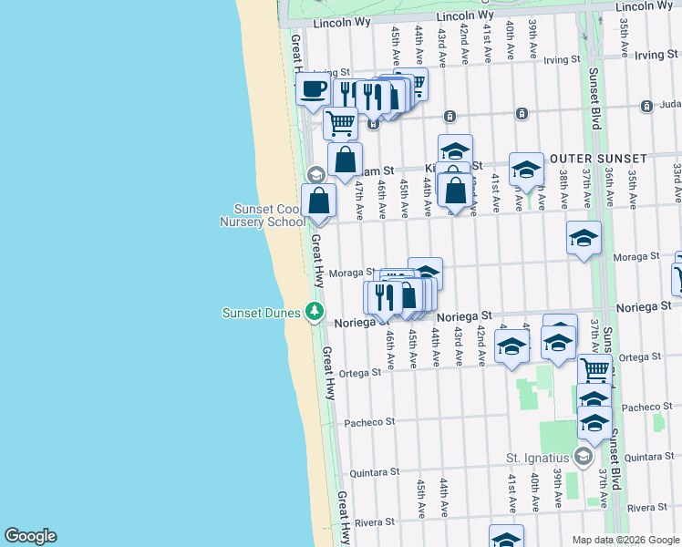 map of restaurants, bars, coffee shops, grocery stores, and more near Moraga St & 48th Ave in San Francisco