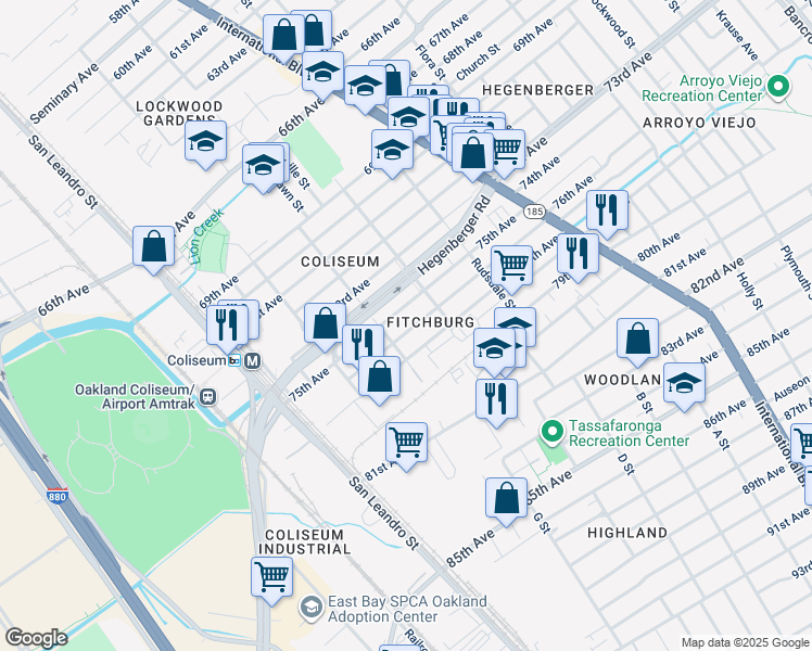 map of restaurants, bars, coffee shops, grocery stores, and more near 1057 76th Avenue in Oakland
