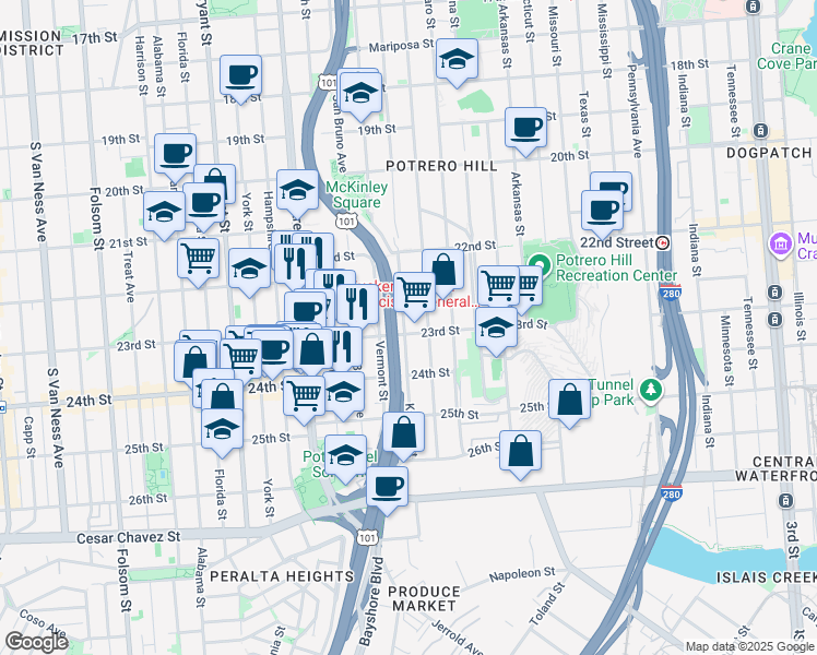 map of restaurants, bars, coffee shops, grocery stores, and more near 2327 Humboldt Street in San Francisco