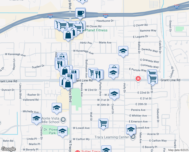 map of restaurants, bars, coffee shops, grocery stores, and more near 355 West Grant Line Road in Tracy