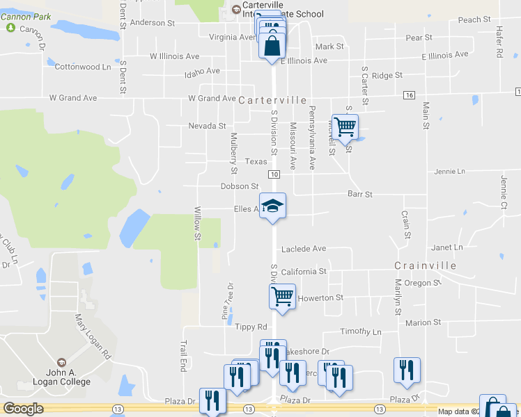 map of restaurants, bars, coffee shops, grocery stores, and more near 200 Elles Avenue in Carterville