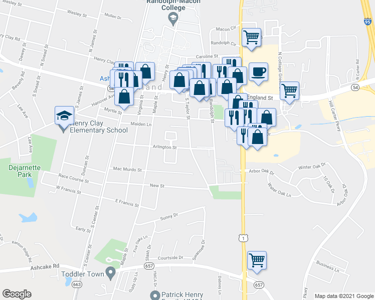map of restaurants, bars, coffee shops, grocery stores, and more near 324 South Taylor Street in Ashland