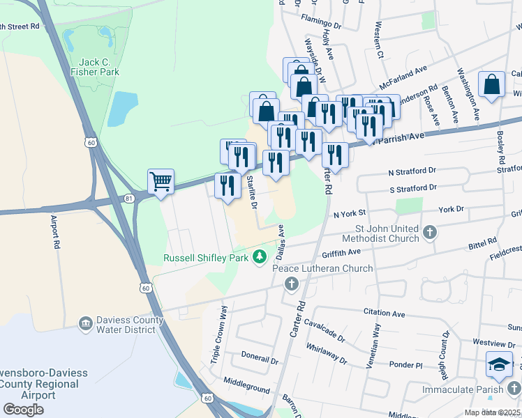 map of restaurants, bars, coffee shops, grocery stores, and more near 1671 Starlite Drive in Owensboro