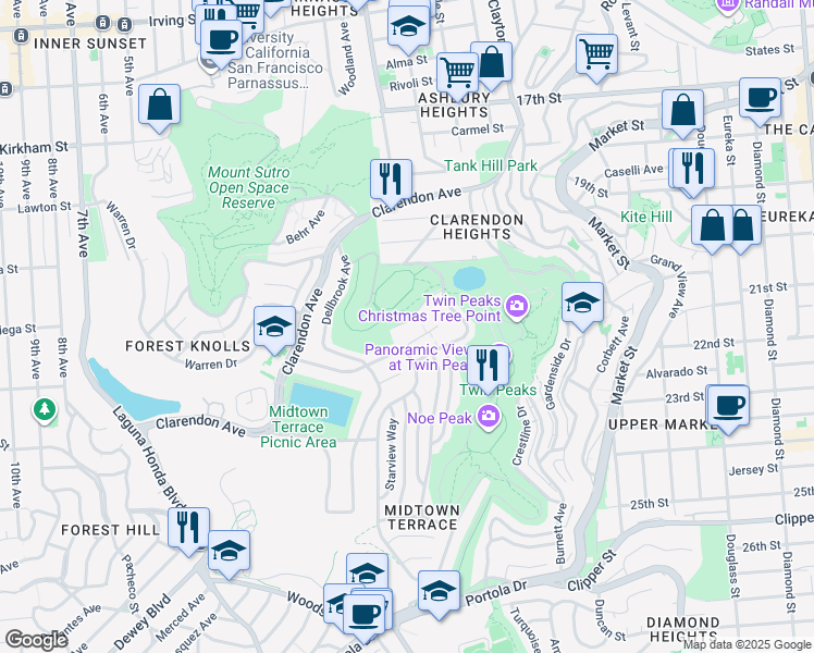 map of restaurants, bars, coffee shops, grocery stores, and more near 72 Farview Court in San Francisco