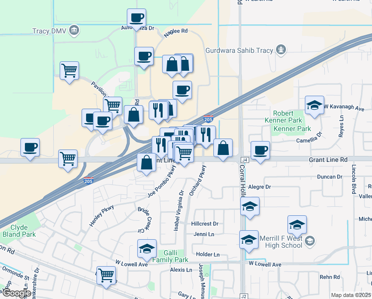 map of restaurants, bars, coffee shops, grocery stores, and more near 118 Joe Pombo Parkway in Tracy