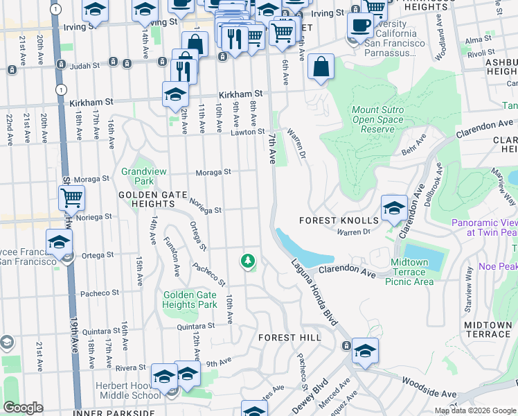 map of restaurants, bars, coffee shops, grocery stores, and more near Noriega St & 8th Ave in San Francisco