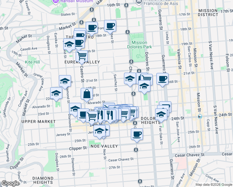 map of restaurants, bars, coffee shops, grocery stores, and more near Sanchez Street in San Francisco