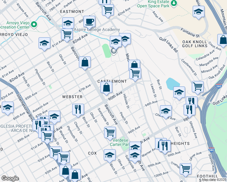 map of restaurants, bars, coffee shops, grocery stores, and more near 8912 Dowling Street in Oakland