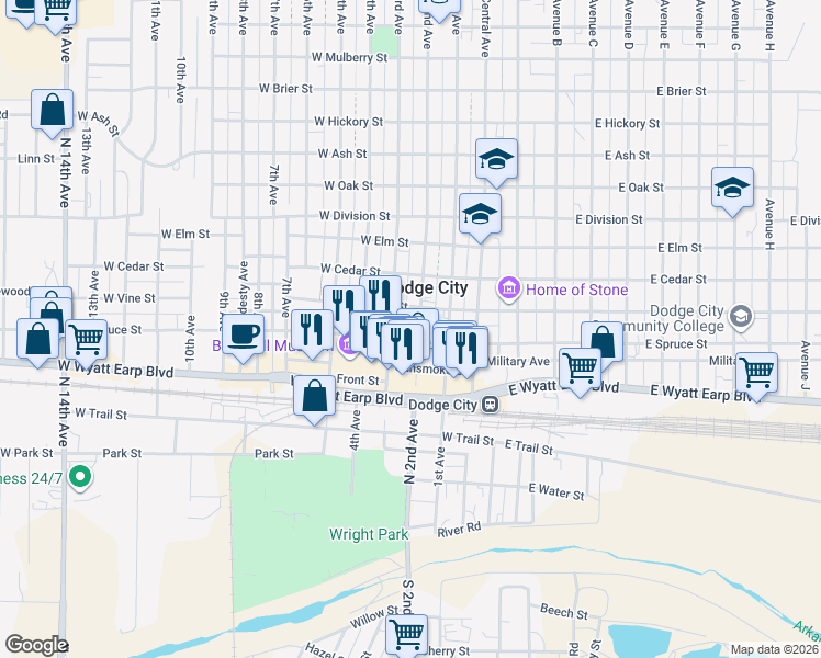 map of restaurants, bars, coffee shops, grocery stores, and more near 700-798 3rd Avenue in Dodge City