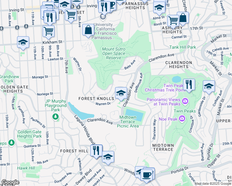 map of restaurants, bars, coffee shops, grocery stores, and more near 235 Oak Park Drive in San Francisco