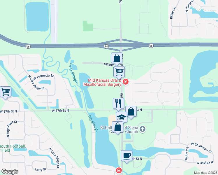map of restaurants, bars, coffee shops, grocery stores, and more near 4007 North Ridge Road in Wichita
