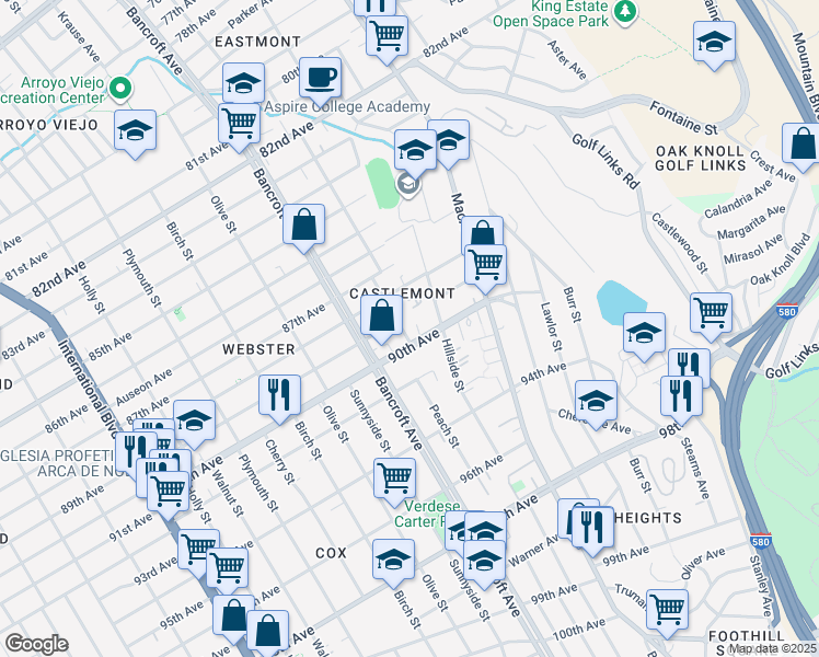 map of restaurants, bars, coffee shops, grocery stores, and more near 8912 Dowling Street in Oakland