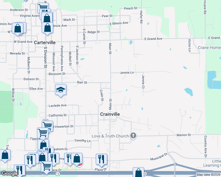 map of restaurants, bars, coffee shops, grocery stores, and more near 798 Adams St in Carterville