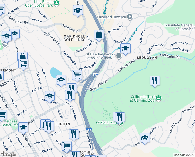 map of restaurants, bars, coffee shops, grocery stores, and more near 9690 Mountain Boulevard in Oakland