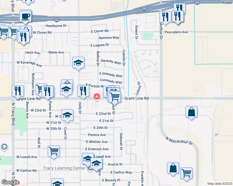 map of restaurants, bars, coffee shops, grocery stores, and more near 314 Portola Way in Tracy