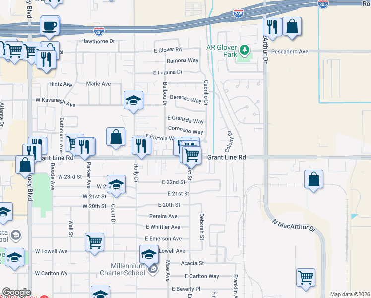 map of restaurants, bars, coffee shops, grocery stores, and more near 230 Portola Way in Tracy