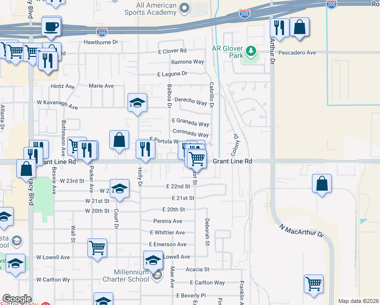 map of restaurants, bars, coffee shops, grocery stores, and more near 230 Portola Way in Tracy