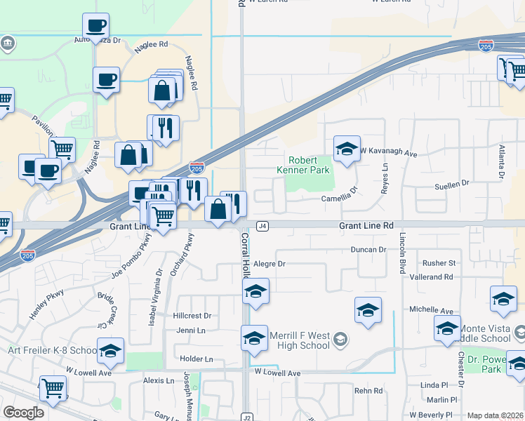 map of restaurants, bars, coffee shops, grocery stores, and more near 1946 Cactus Street in Tracy