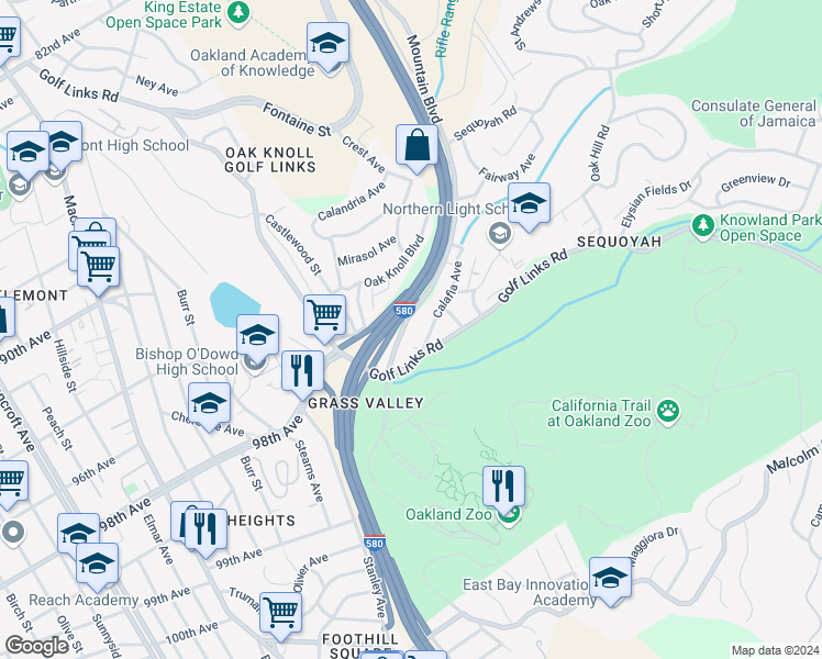map of restaurants, bars, coffee shops, grocery stores, and more near 9690 Mountain Boulevard in Oakland