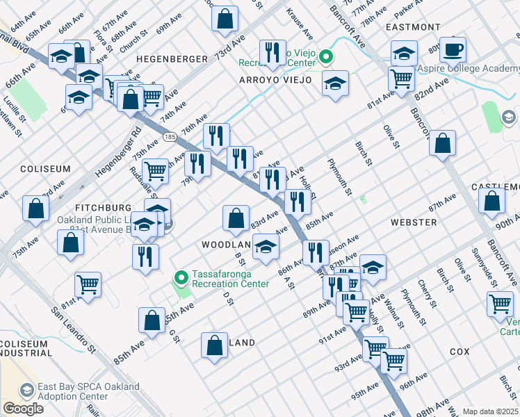 map of restaurants, bars, coffee shops, grocery stores, and more near 1344 82nd Avenue in Oakland