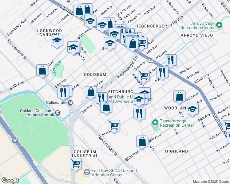 map of restaurants, bars, coffee shops, grocery stores, and more near 1057 76th Avenue in Oakland