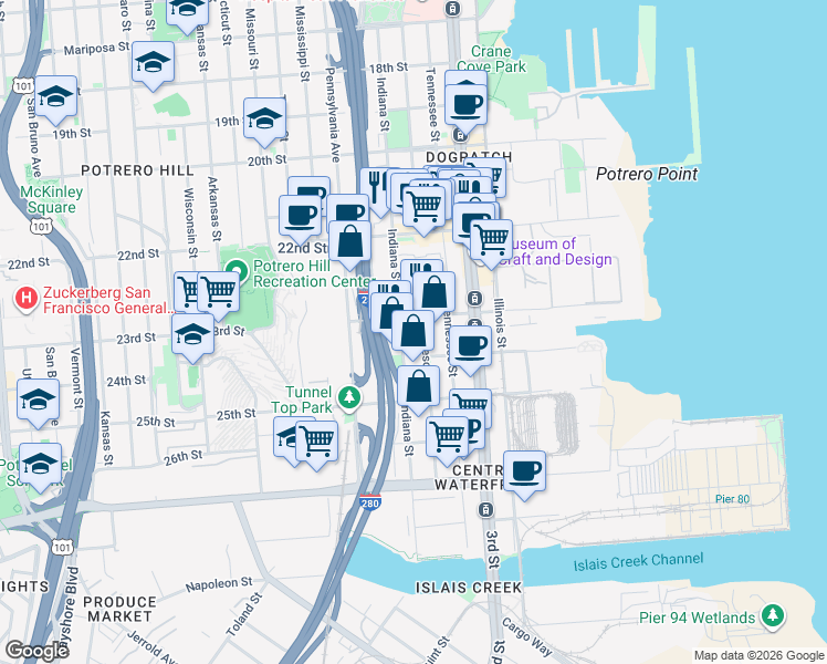 map of restaurants, bars, coffee shops, grocery stores, and more near 1200 Indiana Street in San Francisco