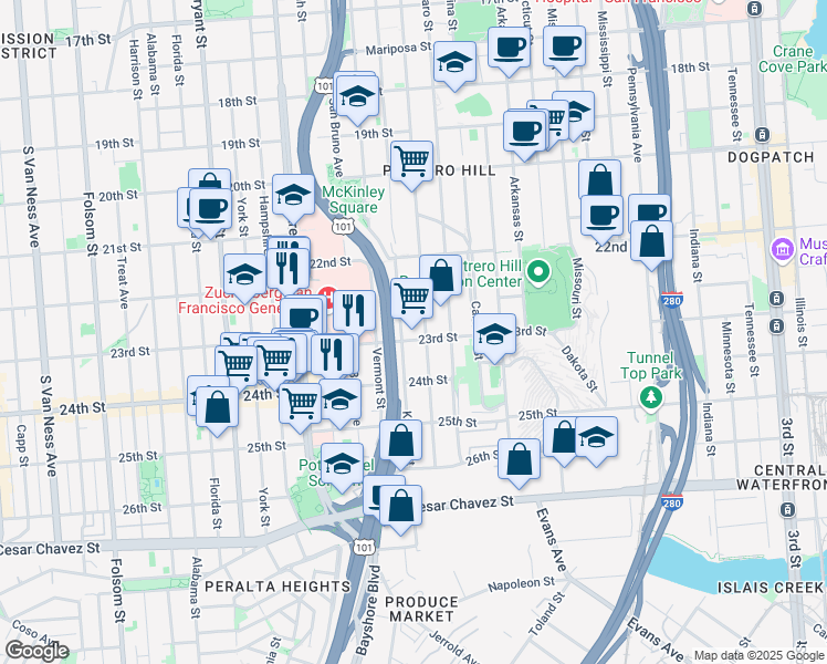 map of restaurants, bars, coffee shops, grocery stores, and more near 1185 Rhode Island Street in San Francisco