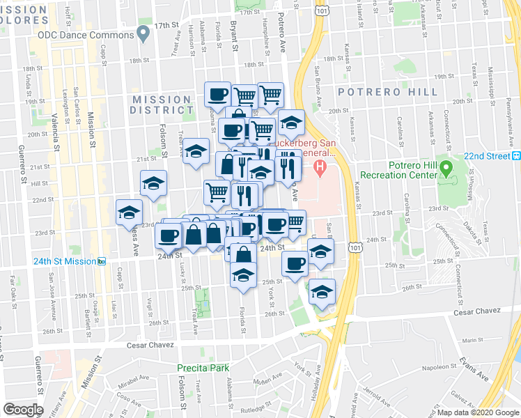 map of restaurants, bars, coffee shops, grocery stores, and more near in San Francisco