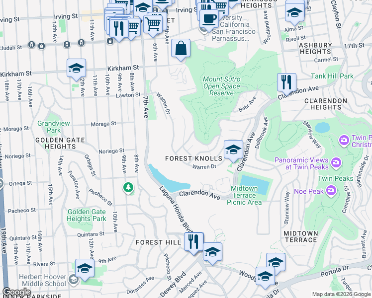 map of restaurants, bars, coffee shops, grocery stores, and more near 41 Lake Forest Court in San Francisco