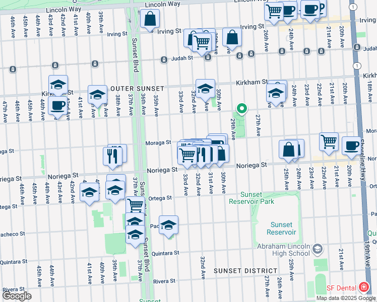 map of restaurants, bars, coffee shops, grocery stores, and more near 1716 33rd Avenue in San Francisco