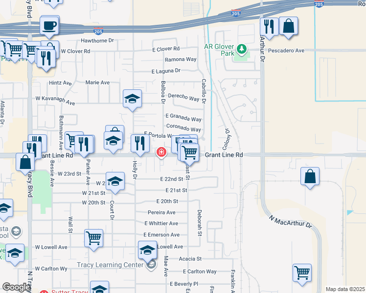 map of restaurants, bars, coffee shops, grocery stores, and more near 2501 Entrada Way in Tracy