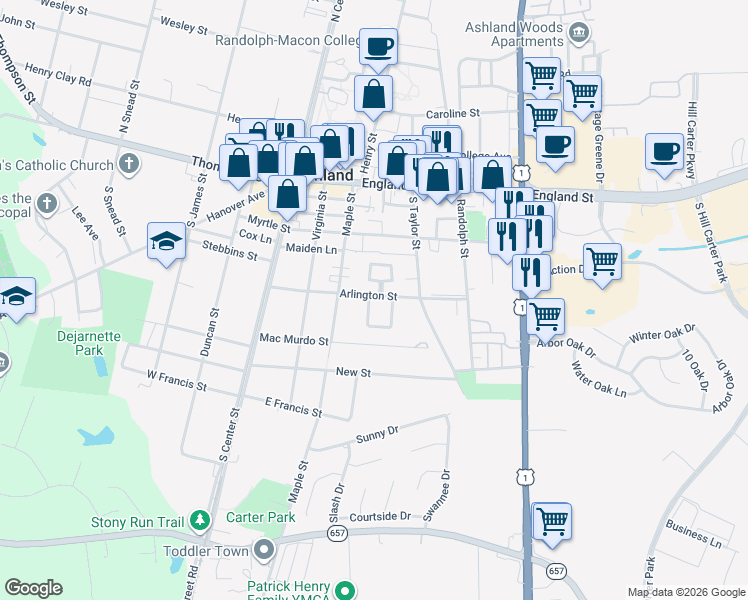 map of restaurants, bars, coffee shops, grocery stores, and more near 303 Arlington Street in Ashland