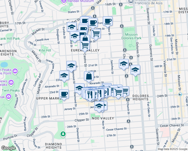 map of restaurants, bars, coffee shops, grocery stores, and more near 3822 22nd Street in San Francisco