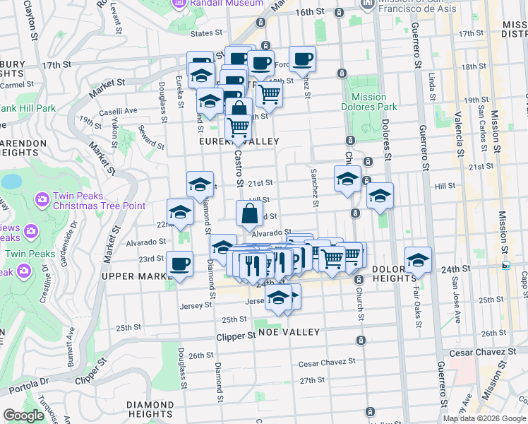 map of restaurants, bars, coffee shops, grocery stores, and more near 3822 22nd Street in San Francisco