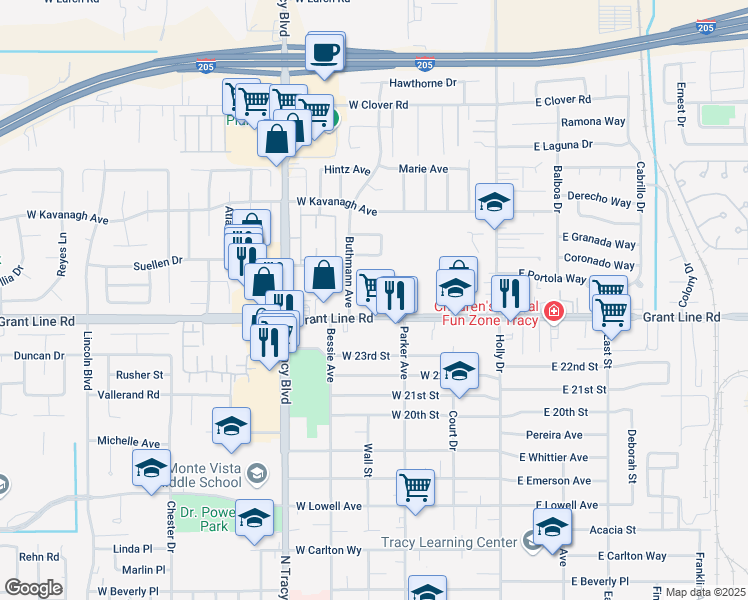 map of restaurants, bars, coffee shops, grocery stores, and more near 355 West Grant Line Road in Tracy