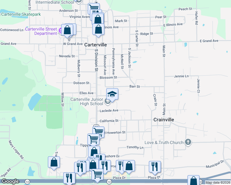 map of restaurants, bars, coffee shops, grocery stores, and more near 610 Pennsylvania Avenue in Carterville