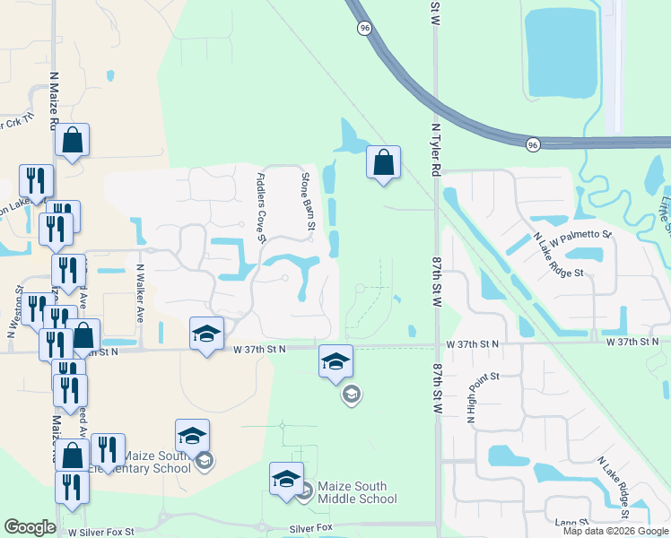 map of restaurants, bars, coffee shops, grocery stores, and more near 3916 Lily Circle in Maize